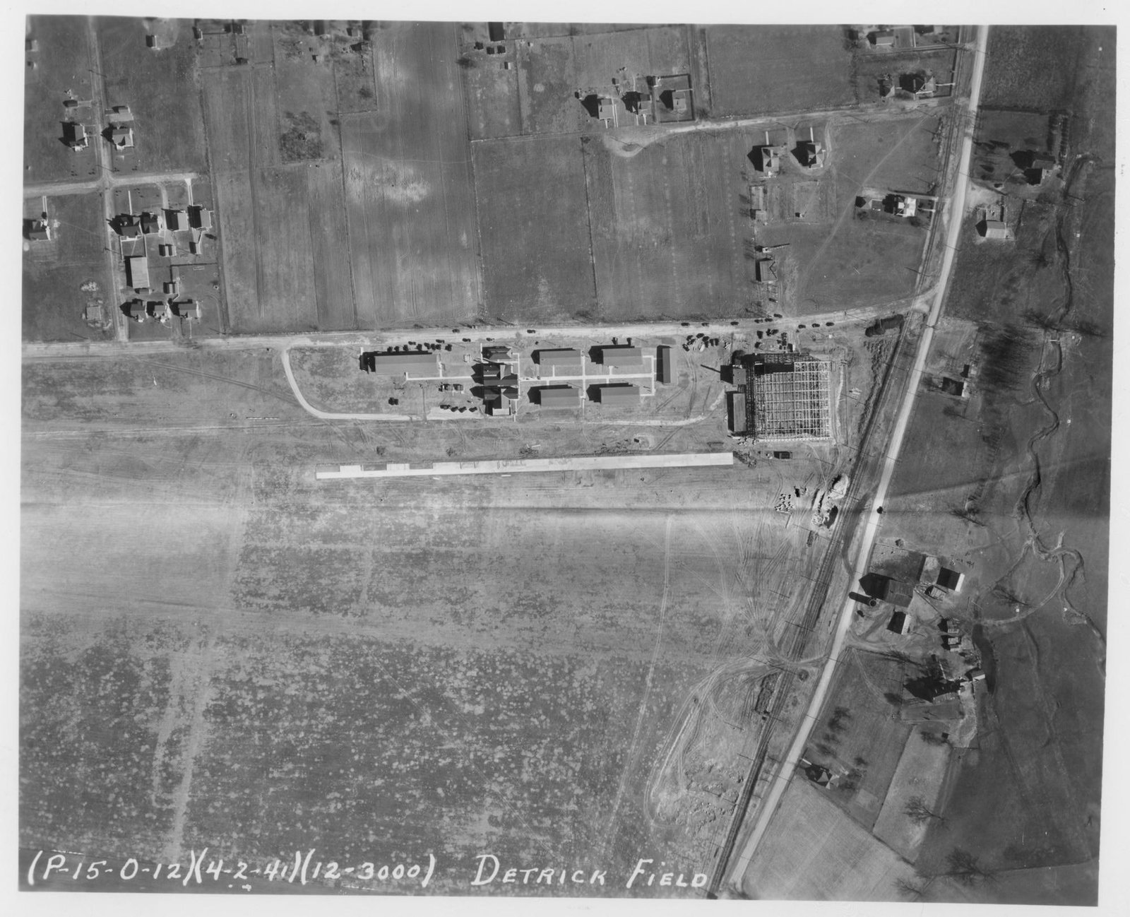 Overhead aerial view of Detrick Field in Frederick, Maryland, April 2, 1941, showing the early layout of the installation before it became the center of U.S. biological warfare research.
