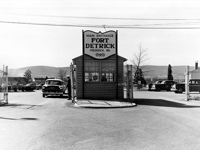The main gate entrance to Fort Detrick, photographed around 1946, when the installation served as headquarters of the U.S. Army biological warfare program.