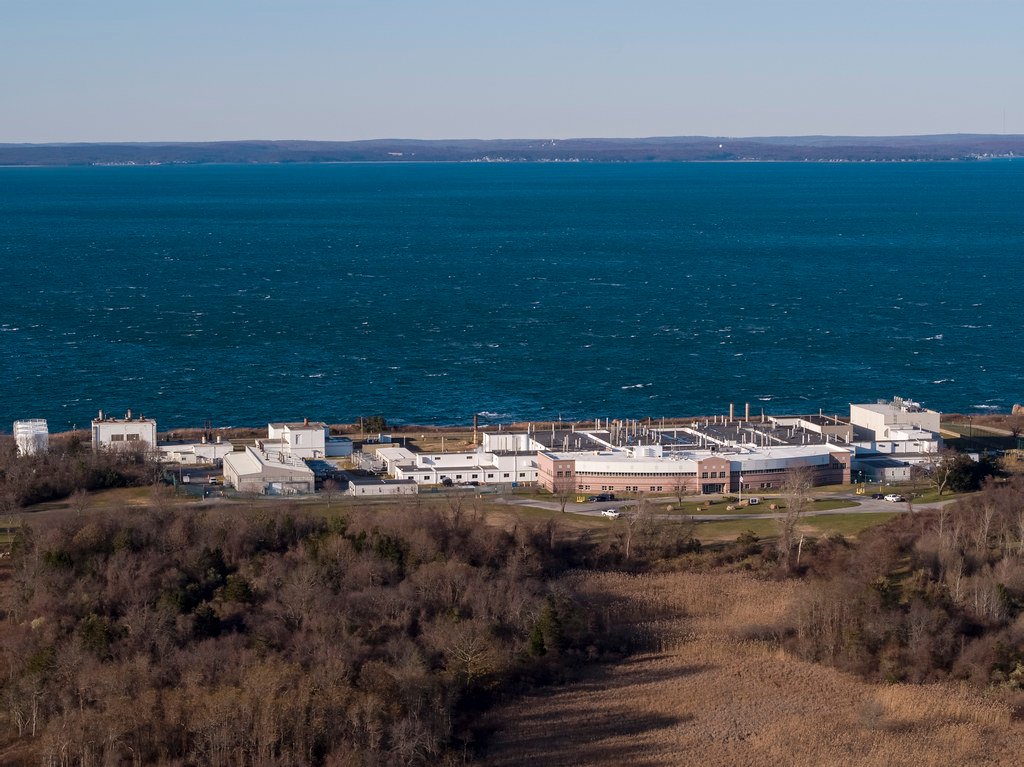 Aerial view of Plum Island Animal Disease Center, showing the island facility in Long Island Sound off the coast of New York.